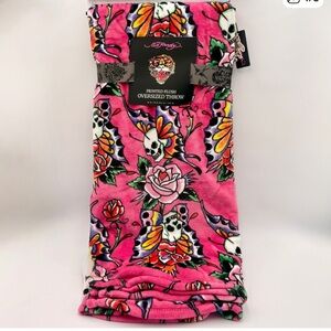 Ed Hardy Pink Oversized Throw with Skulls and Roses
